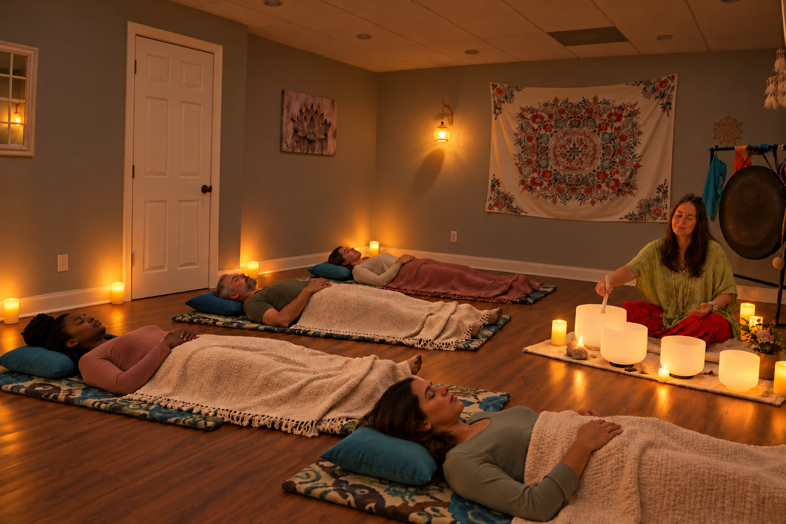 Illustration of Beth leading a candlelit group sound bath at the center